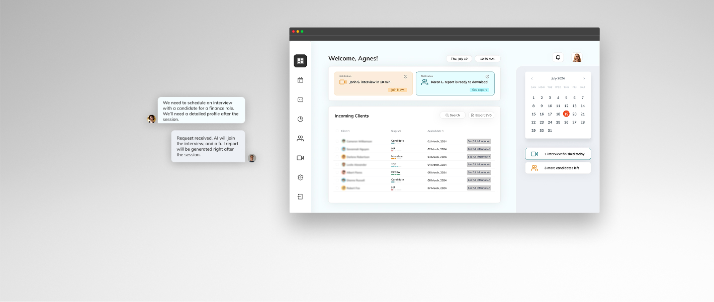 AI candidate assessment platform interface with chat scheduling an interview and dashboard showing notifications, client list, and calendar